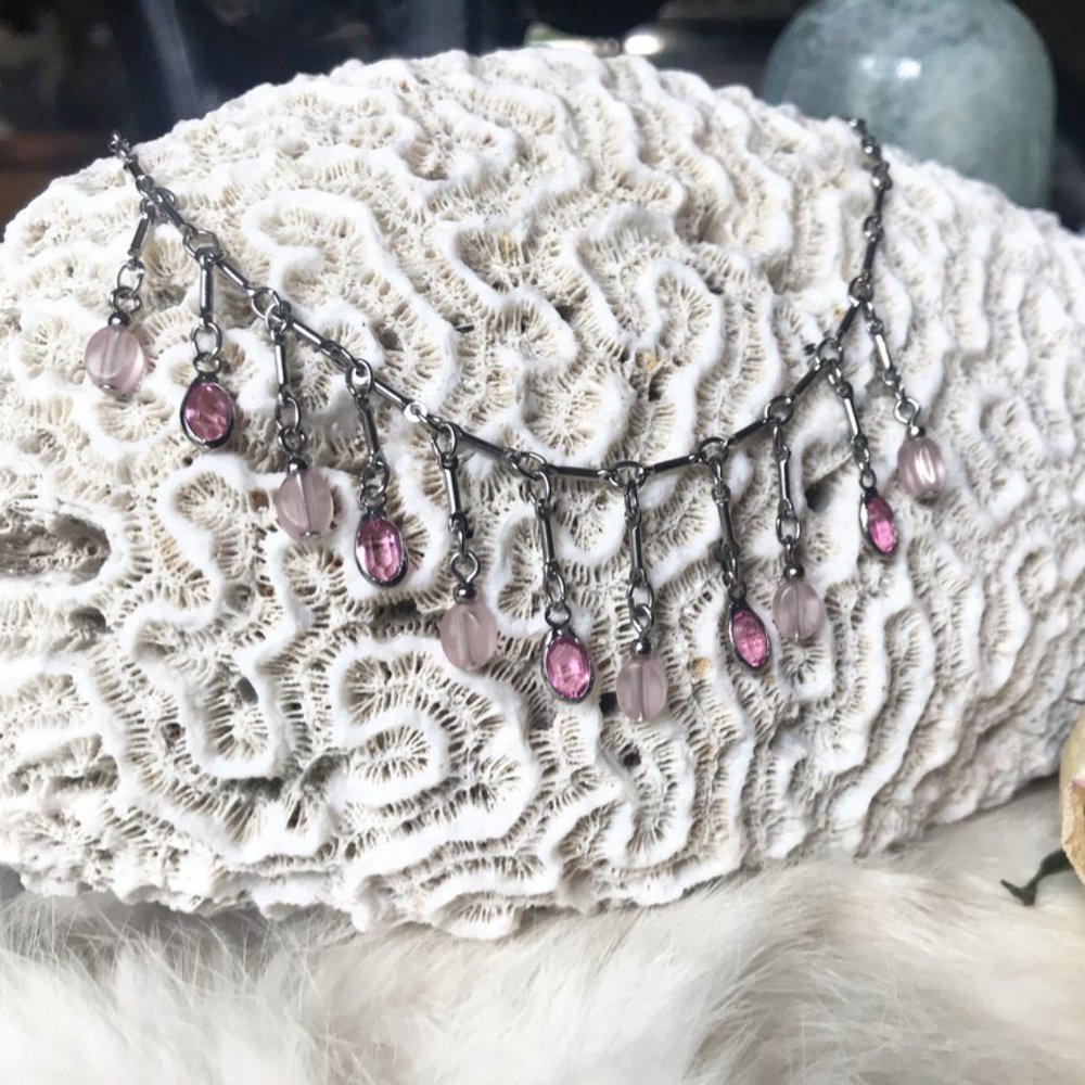 Dangle Bib Style Choker Length Necklace with Frosted Petal Pink & Deep Pink Gems